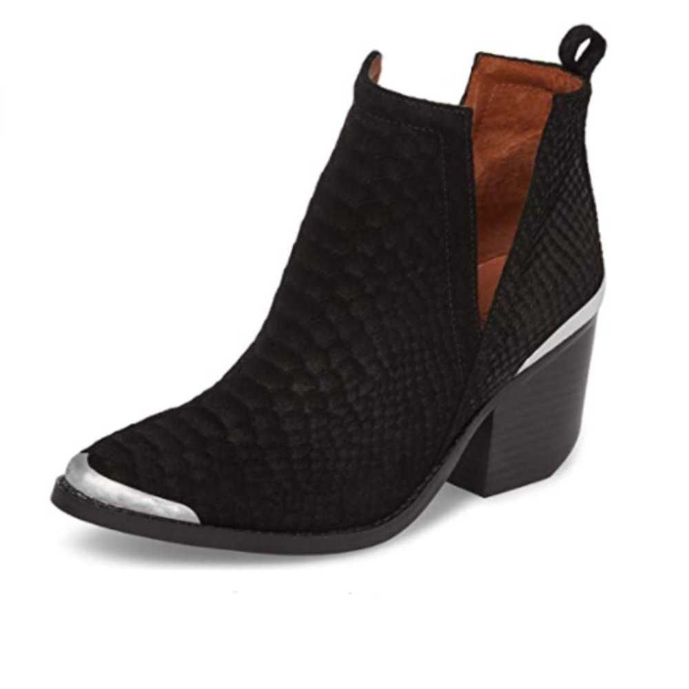 Black Snake Ankle Boot Low Heel With Metal Toe